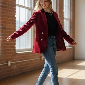 Women's Velvety Fabric Double-Button Blazer Jacket - Burgundy